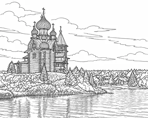 Результат: детальная раскраска — церковь, брёвна и деревья в контурах