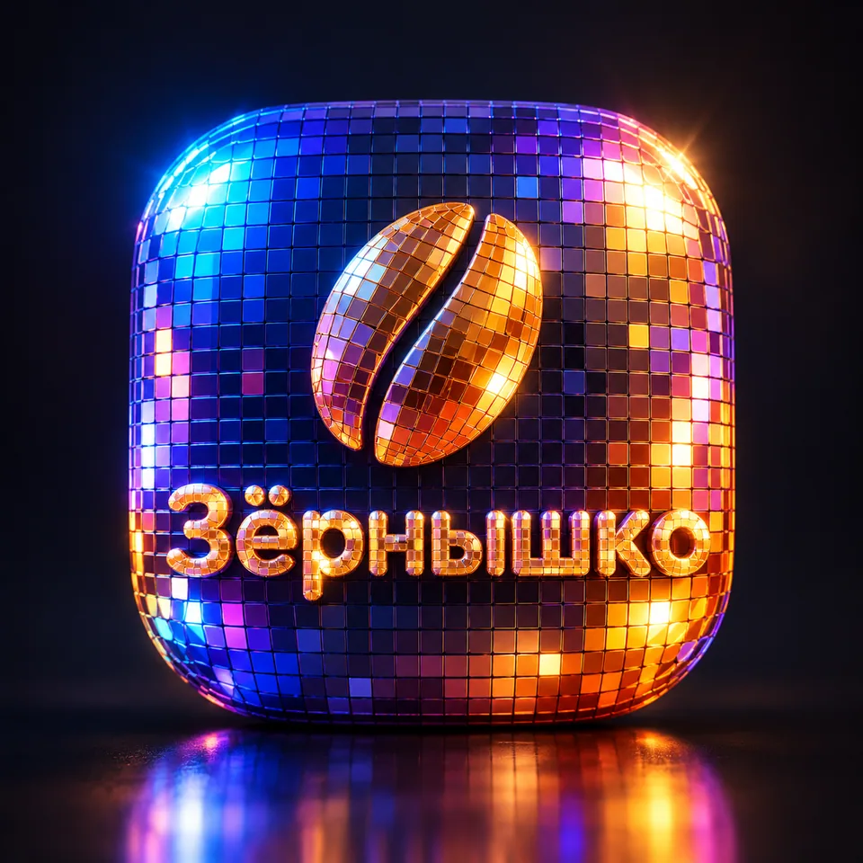 Результат: иконка-диско-шар из зеркальной плитки с логотипом кофейни
