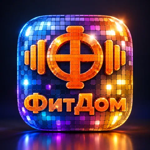 Результат: глянцевая зеркальная иконка «ФитДом» с сине-фиолетовыми бликами