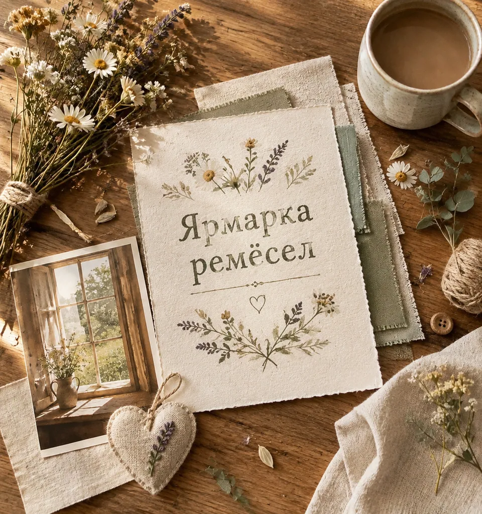 Афиша «Ярмарка ремёсел» в той же пастельной деревенской палитре
