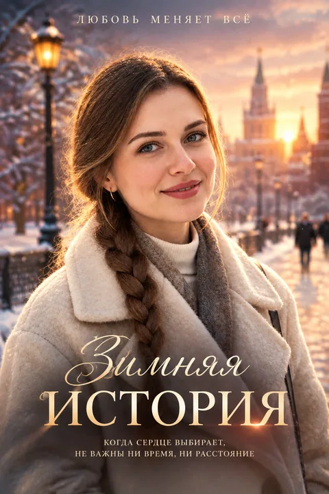 Романтический киноплакат с героиней, огнями и заголовком фильма
