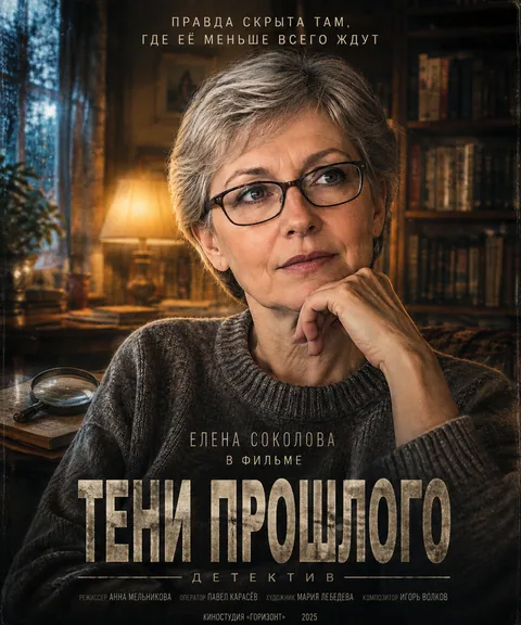 Постер детектива: героиня в очках, туманный город и слоган