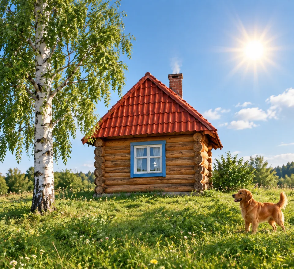 Тот же рисунок как фотография: дачный дом с красной крышей, берёза, пёс