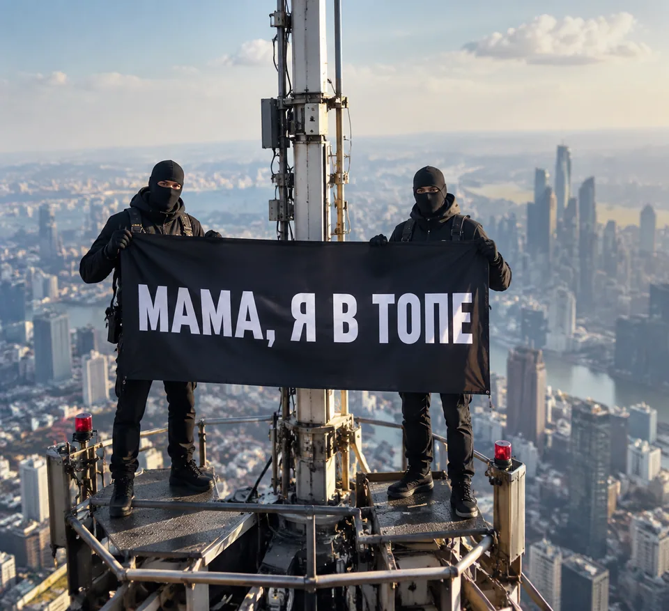 Двое в балаклавах на шпиле небоскрёба держат баннер «МАМА, Я В ТОПЕ» над городом