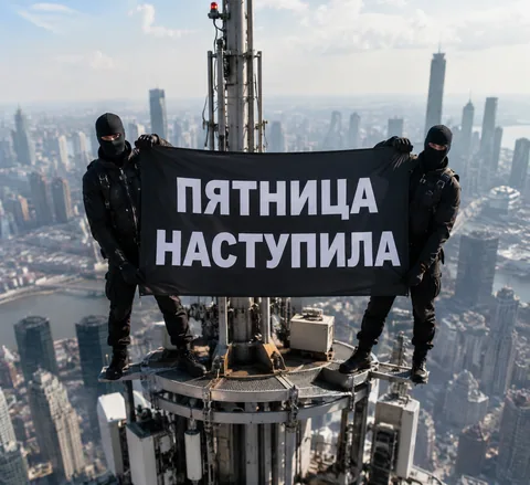 Вирусный кадр: чёрный баннер «ПЯТНИЦА НАСТУПИЛА» на антенне высотки в дымке