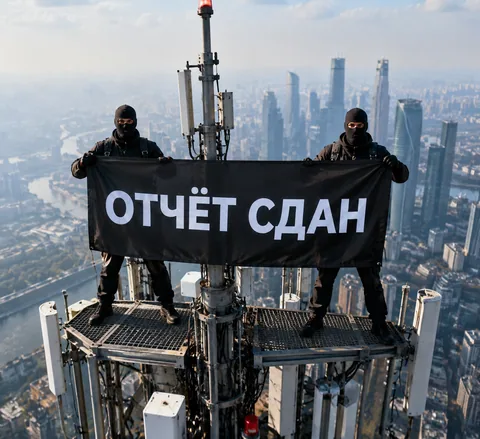 Баннер «ОТЧЁТ СДАН» над деловым кварталом на закате — мем для рабочего чата