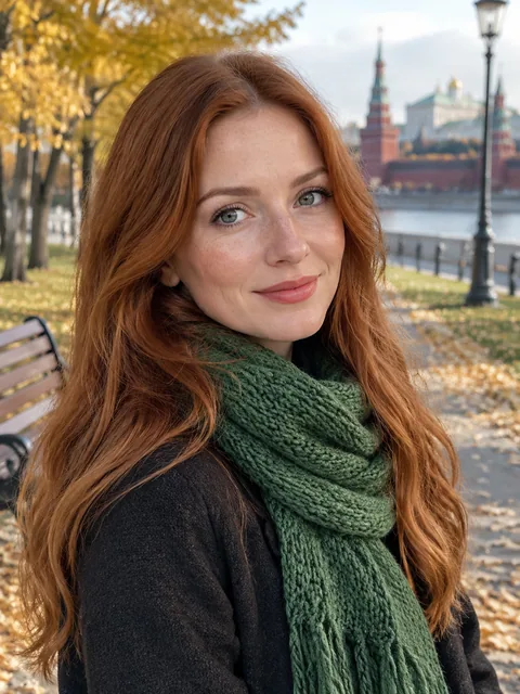 Исходное фото: рыжеволосая девушка в зелёном шарфе в осеннем парке