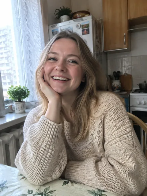 Исходное фото: смеющаяся девушка в бежевом свитере на кухне