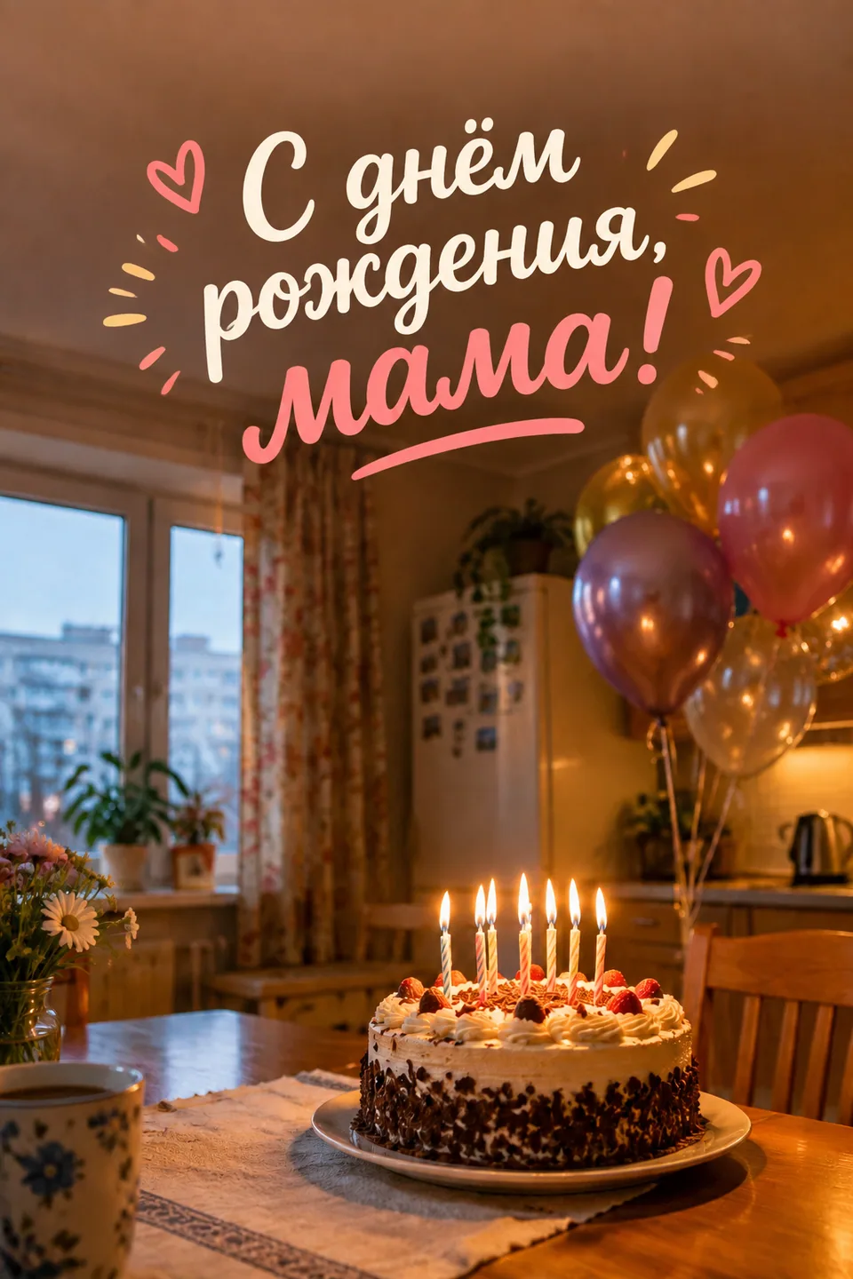 Результат: надпись «С днём рождения, мама!» игривым шрифтом над тортом