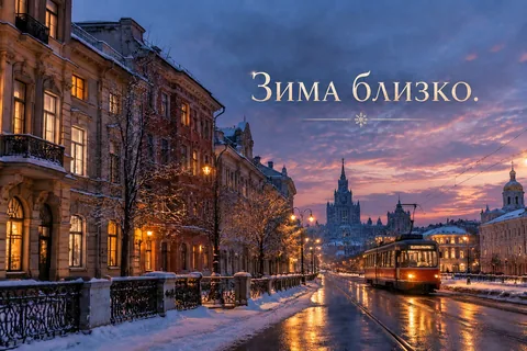 Результат: кинематографичная надпись «Зима близко» над улицей