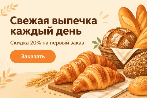 Исходный баннер пекарни с текстом на русском: «Свежая выпечка каждый день»
