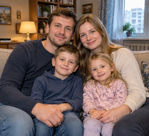 Исходное фото: родители с двумя детьми на диване в гостиной
