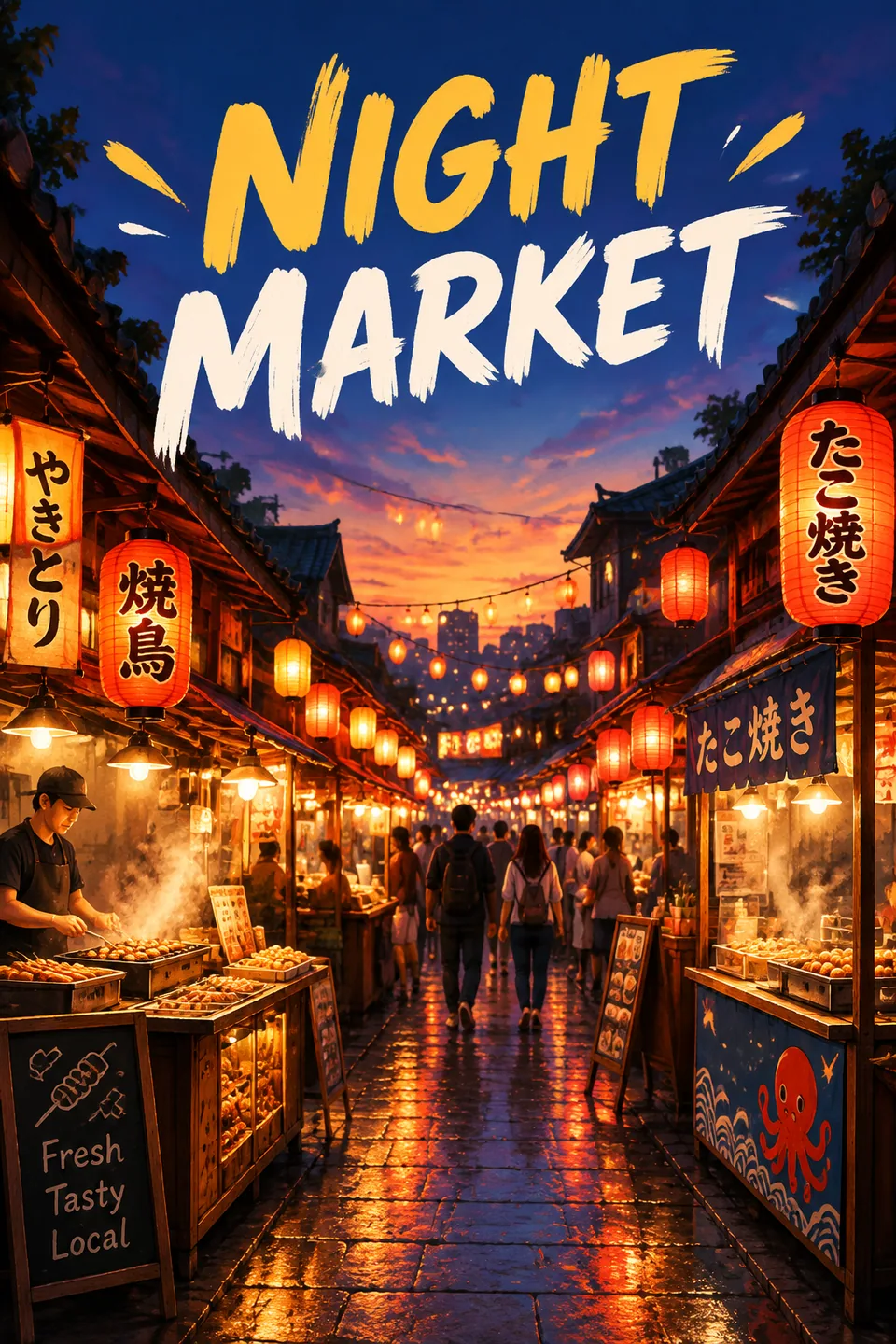 Постер с надписью NIGHT MARKET над улицей с фонарями
