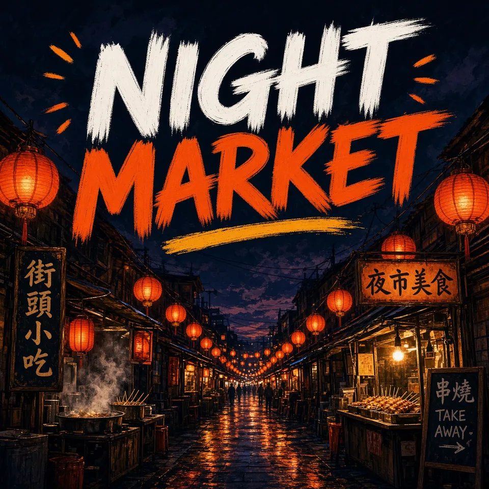 Постер с надписью NIGHT MARKET над улицей с фонарями