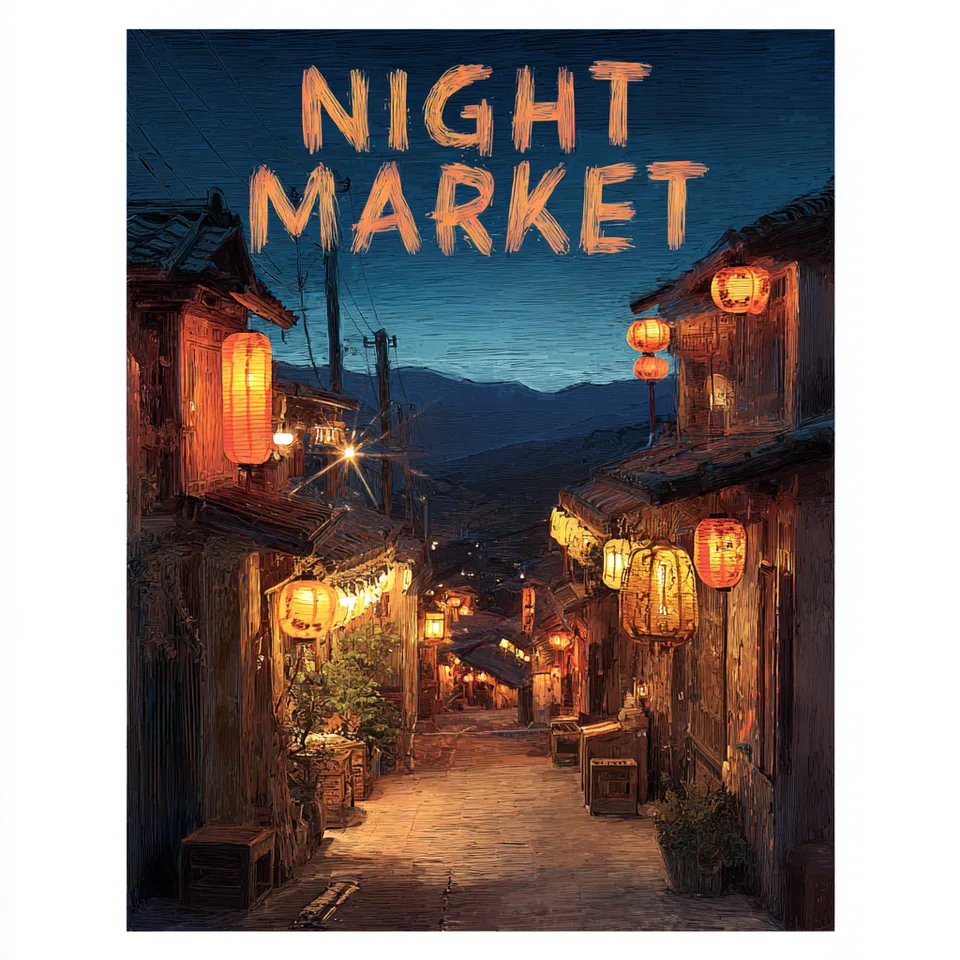 Постер с надписью NIGHT MARKET над улицей с фонарями