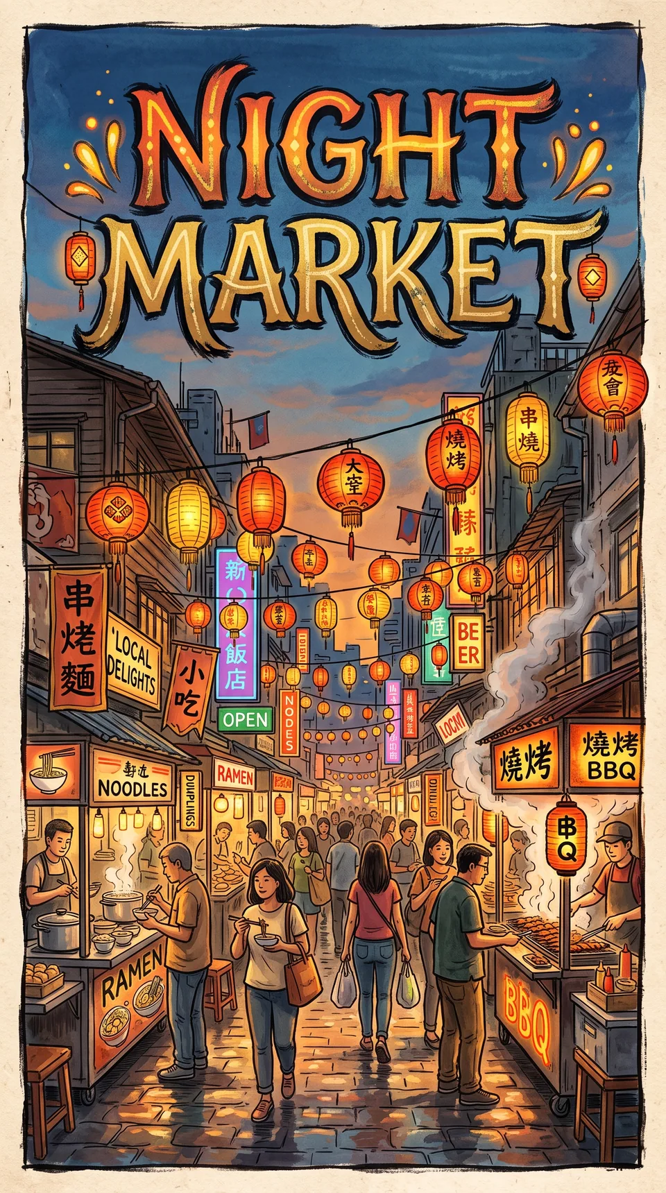 Постер с надписью NIGHT MARKET над улицей с фонарями