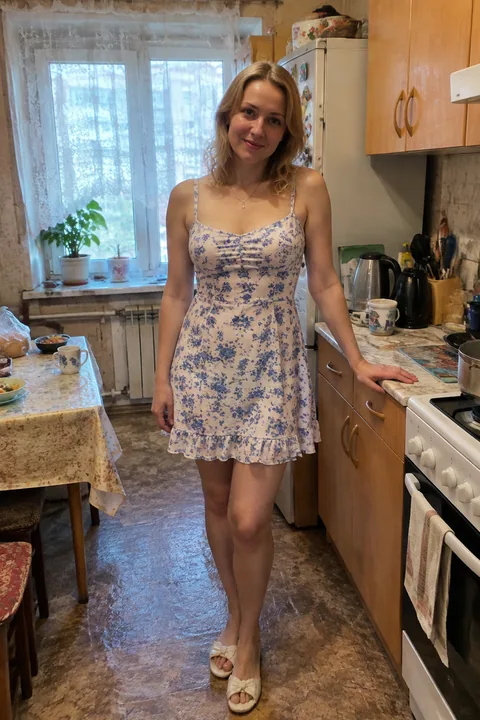 Исходное фото: девушка в летнем платье на тесной кухне