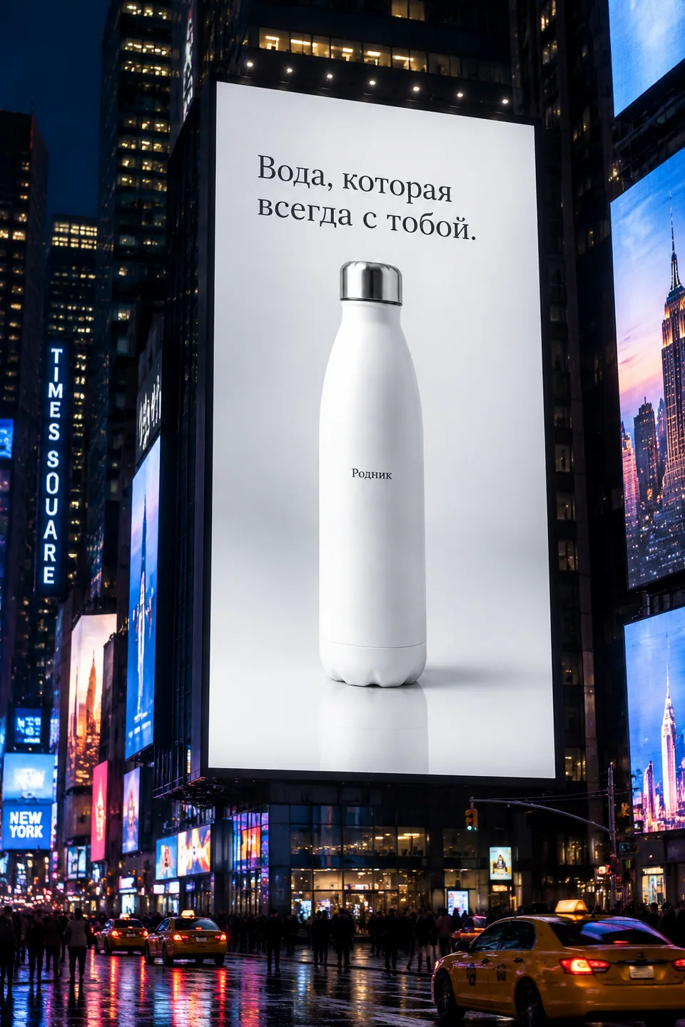 Результат: бутылка на рекламном щите на Таймс-сквер, стиль минимализм